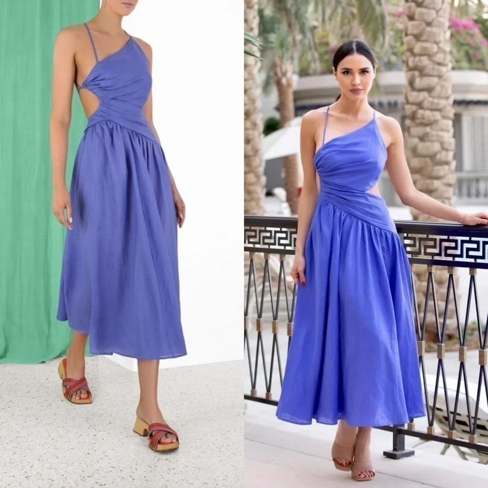 Zimmermann Tropicana Asymmetric Linen Cutout Midi Dress Blue Size 12 NWT - Picture 10 of 12